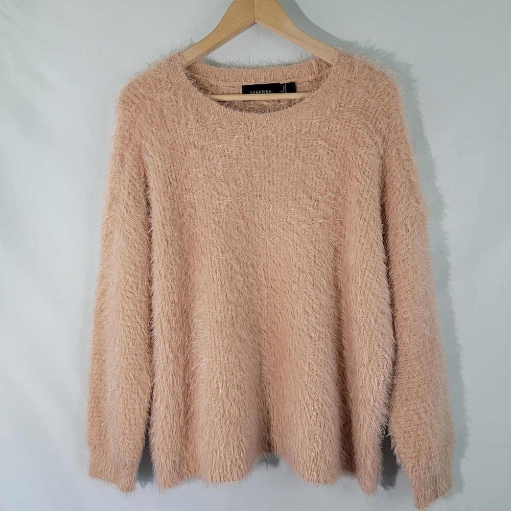 MINKPINK Pink Blush Crewneck Fuzzy Knit Pullover Sweater Size Large